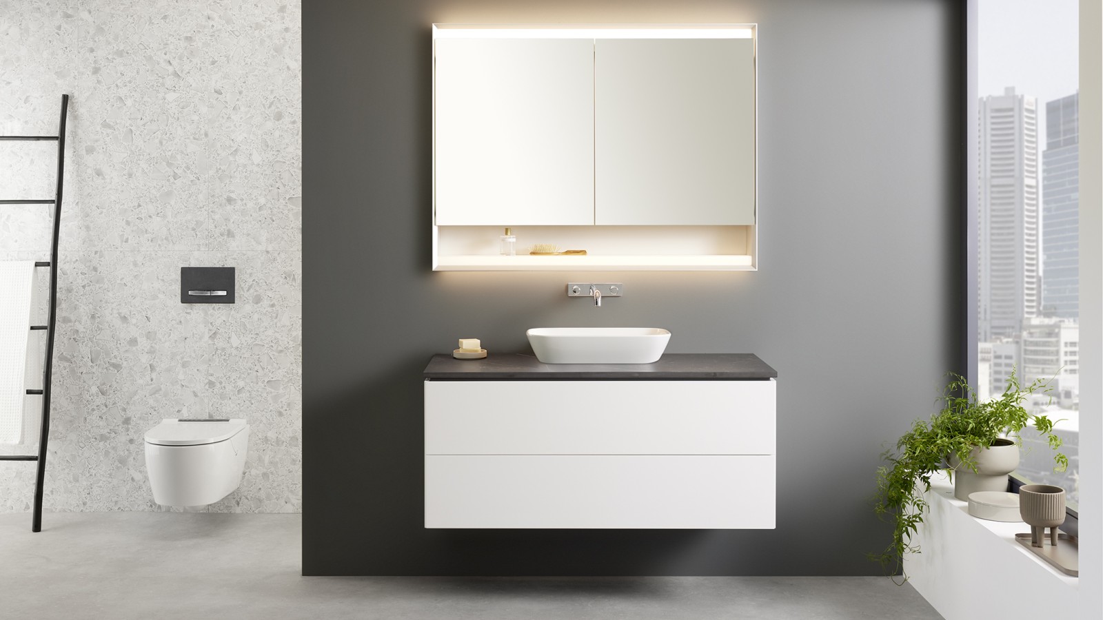 A look inside a bathroom with a Geberit ONE washplace and WC A look inside a bathroom with a Geberit ONE washplace and WC