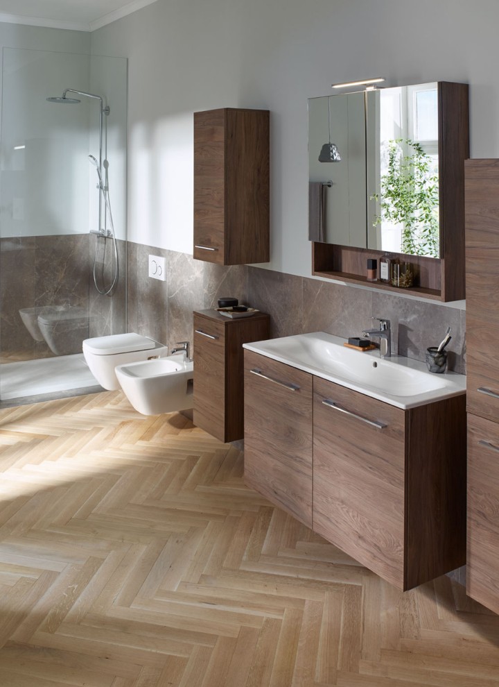 Selnova bathroom with two washbasin including washbasin cabinets and low cabinet.