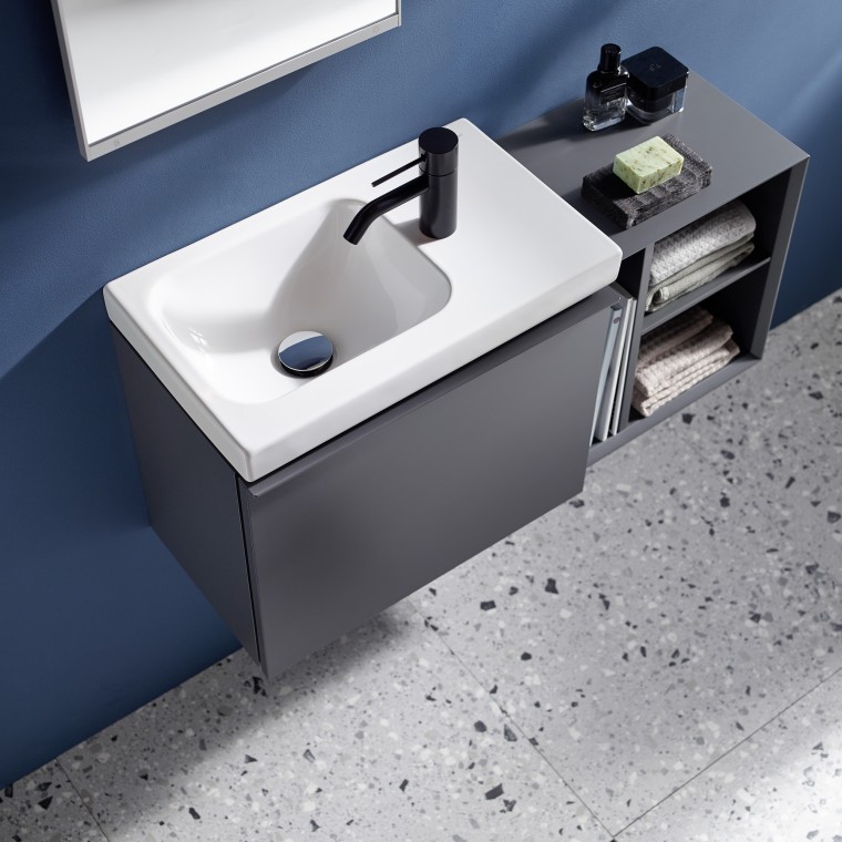 Small Geberit iCon washbasin with side-mounted tap in matt black Small Geberit iCon washbasin with side-mounted tap in matt black