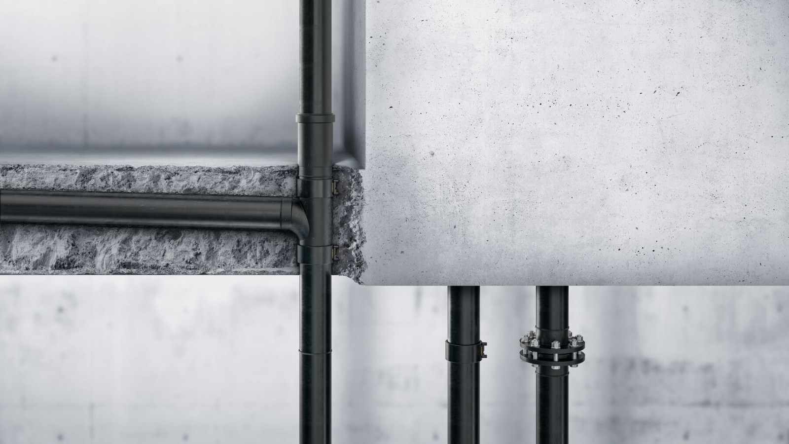 Geberit PE and fittings are welded and can also be laid in concrete. Geberit PE and fittings are welded and can also be laid in concrete.