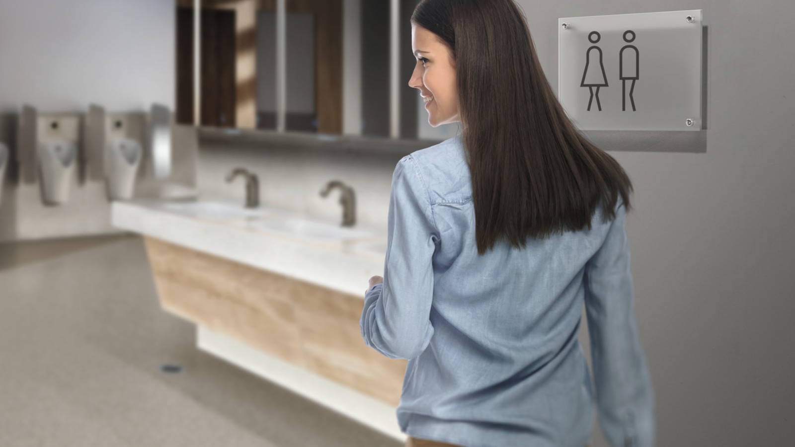 Dark-haired young woman in a public toilet Dark-haired young woman in a public toilet