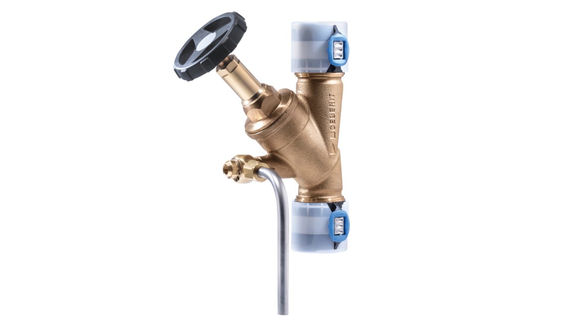 Angle-seat stop valve for Geberit FlowFit with the Geberit sampling valve