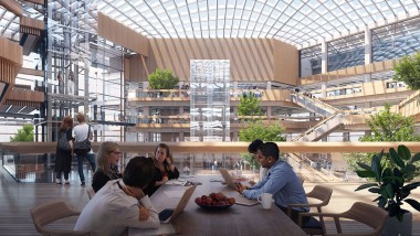 Flooded with light thanks to the glass façade and the glass roof: Inside the building (©Foster&Partners)