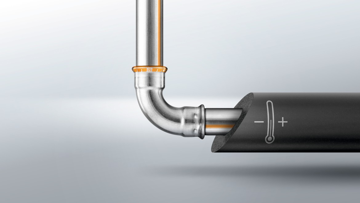 Geberit Mapress Therm pipe, fitting and insulation with heat and cold symbols