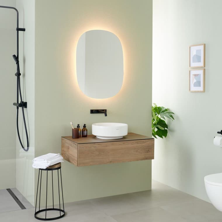 Geberit Option Oval mirror with VariForm lay-on washbasin and furniture Geberit Option Oval mirror with VariForm lay-on washbasin and furniture