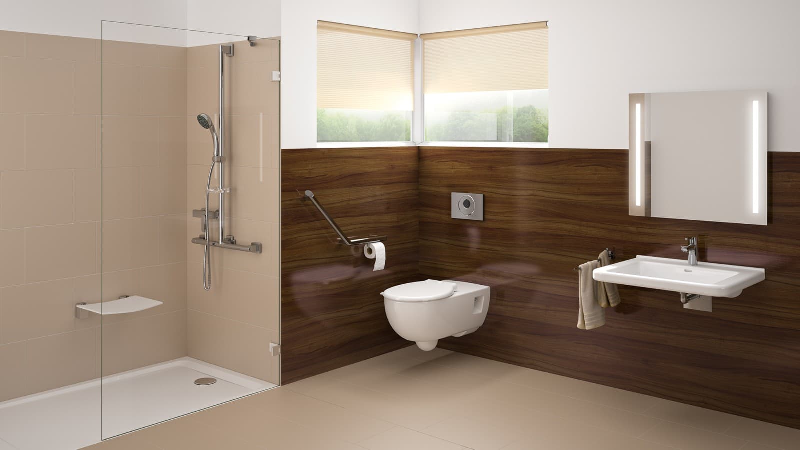 Barrier-free bathroom with washplace, toilet and floor-even shower Barrier-free bathroom with washplace, toilet and floor-even shower