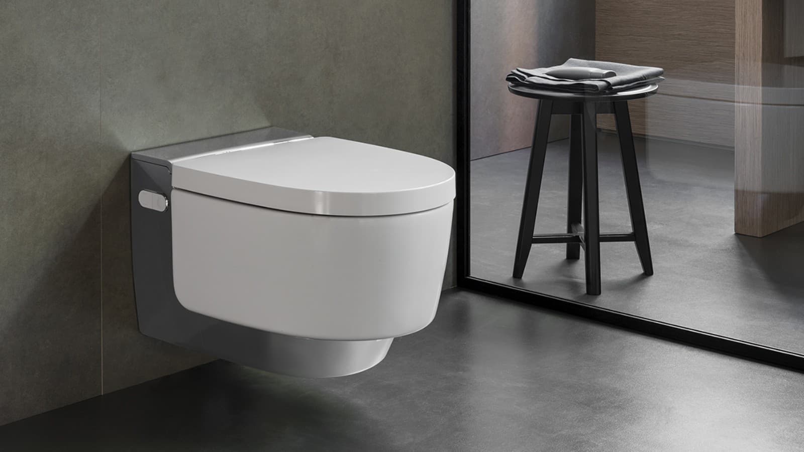 The Geberit AquaClean Mera blends harmoniously into the bathroom landscape thanks to its design The Geberit AquaClean Mera blends harmoniously into the bathroom landscape thanks to its design