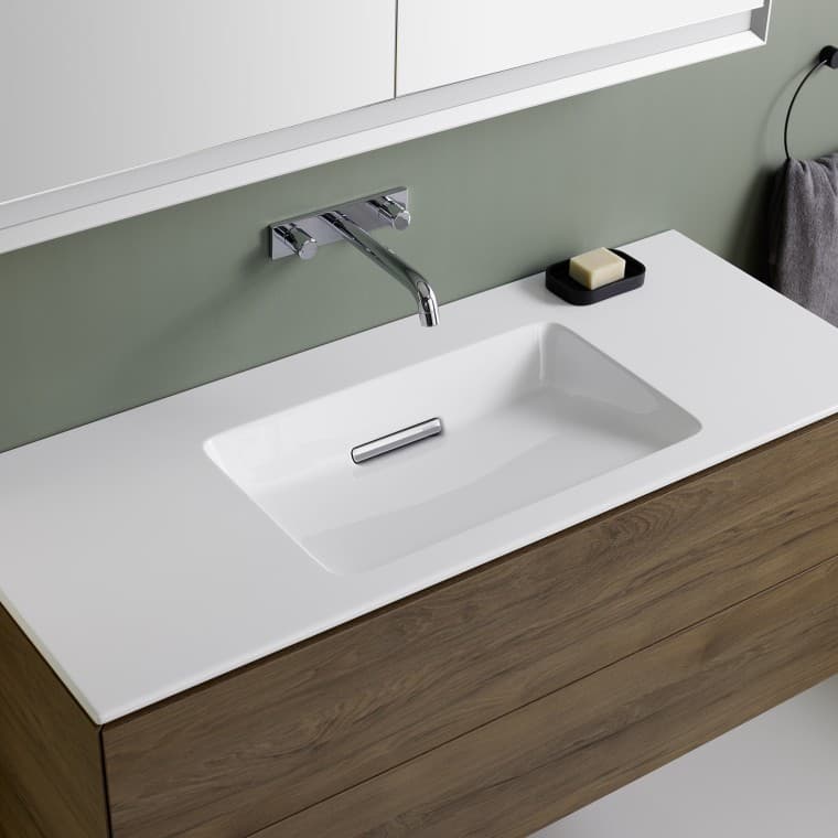 Geberit ONE vanity basin with lateral shelf surface Geberit ONE vanity basin with lateral shelf surface